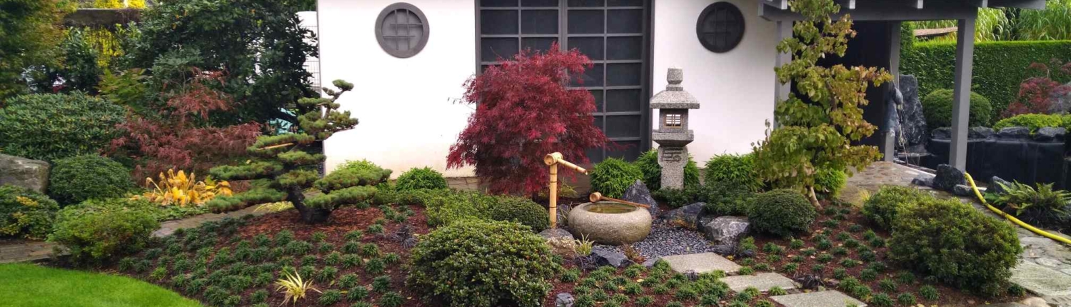 Bepflanzung eines Tsukubai vor einem Pavillon